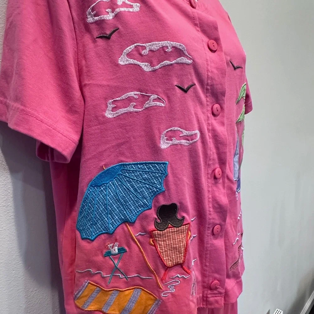 Onque Casuals Women's Pink Beach Scene‎ Short Sleeve Button Up Top Pants Set M
